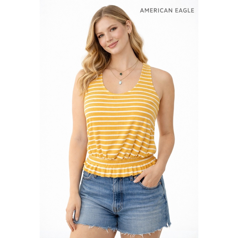 WB10 American Eagle Outfitters Yellow Stripe Ribbed Smocked Crop‎ Tank Top XS